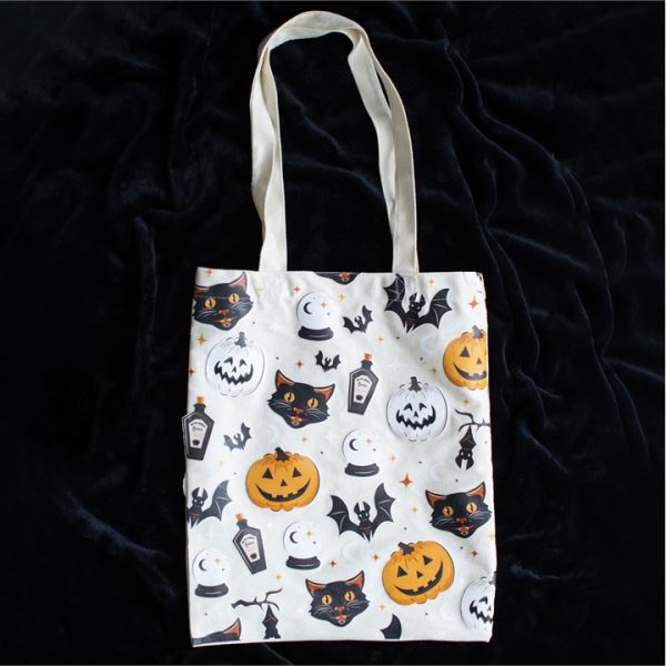 Spooky Cat and Pumpkin Print Polycotton Tote Bag - Image 4