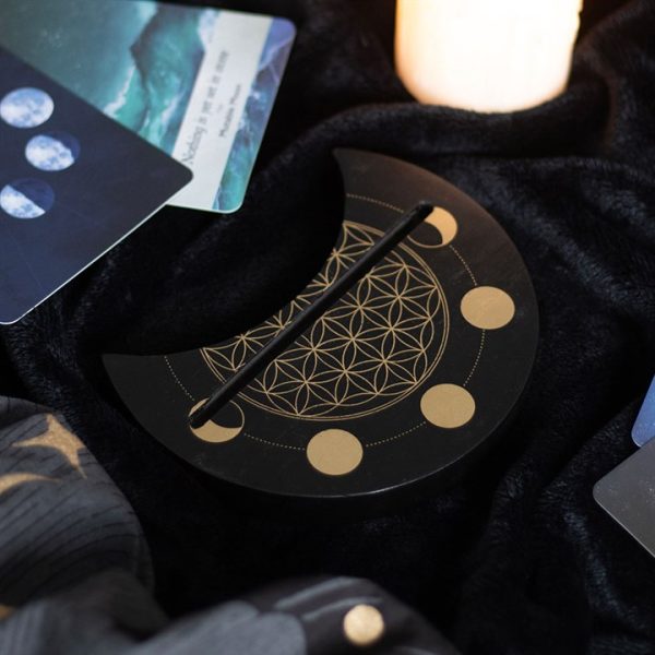 Black Flower of Life Crescent Moon Tarot Card Stand - Image 6