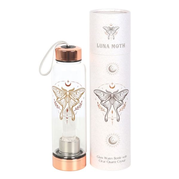 Luna Moth Glass Water Bottle with Clear Quartz Crystal - Image 2