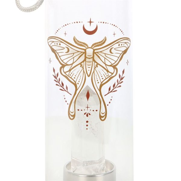 Luna Moth Glass Water Bottle with Clear Quartz Crystal - Image 3