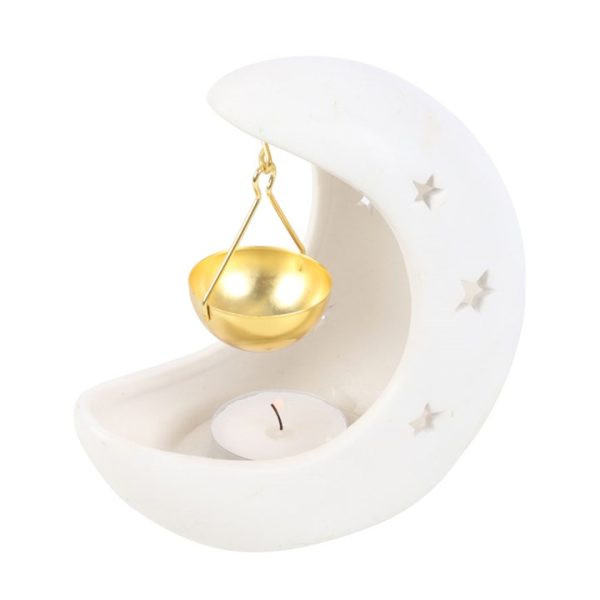 White Crescent Moon Hanging Oil Burner with Gold Dish - Image 2