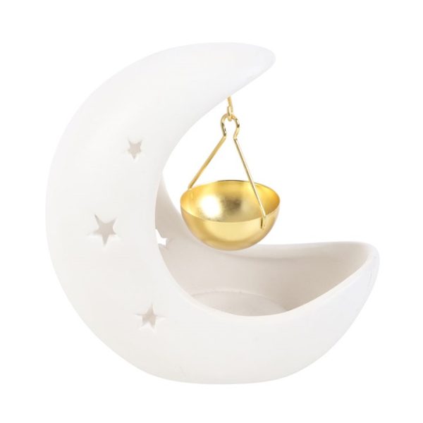 White Crescent Moon Hanging Oil Burner with Gold Dish - Image 3