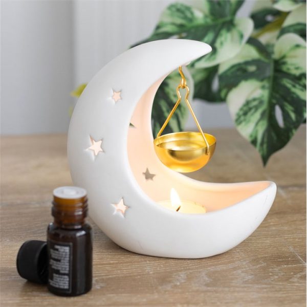 White Crescent Moon Hanging Oil Burner with Gold Dish - Image 4