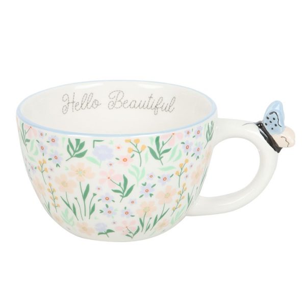 Hello Beautiful Ditsy Floral Print Mug with Butterfly - Image 2